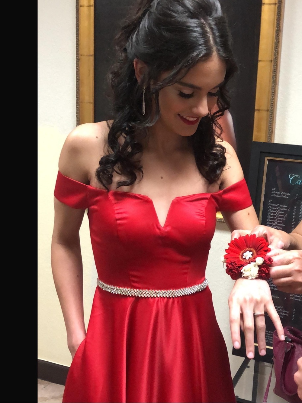 Jodi Kristopher Red Satin Off Shoulder A Line Prom Evening Dress